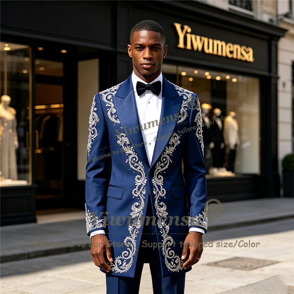 Men Formal Wear Wedding - بدلة رجالية مزينة بالكريستالات المصنوعة يدويًا،