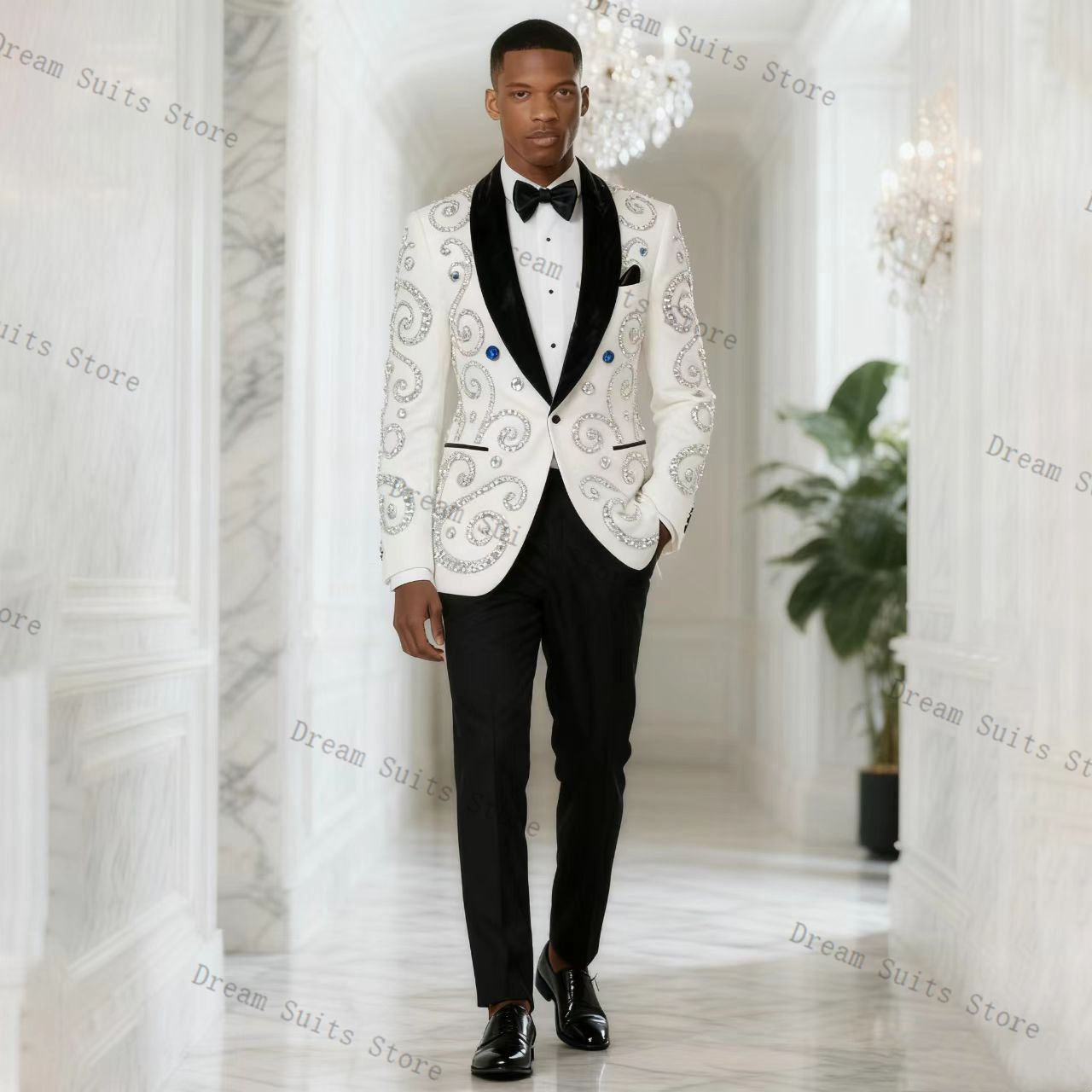 Men Formal Wear Black And White - بدلة رجالية بيضاء مكونة من قطعتين