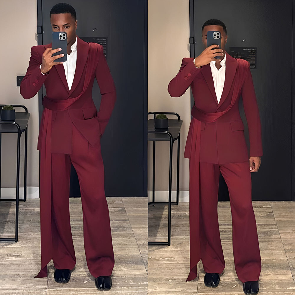 بورجوندي جديد الرجال البدلة 2  - مراجعة Men Formal Wear Wedding وسعره